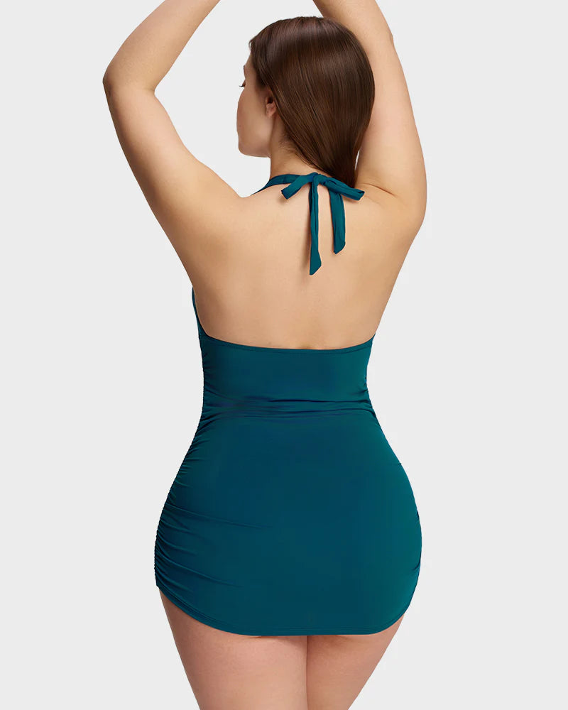 Ensemble 2 pièces robe de bain sculptante à col V noué au cou