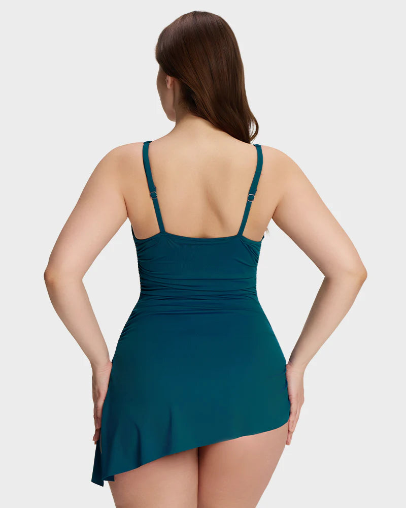 Robe de bain froncée à encolure en V avec nœuds sur les côtés et effet amincissant