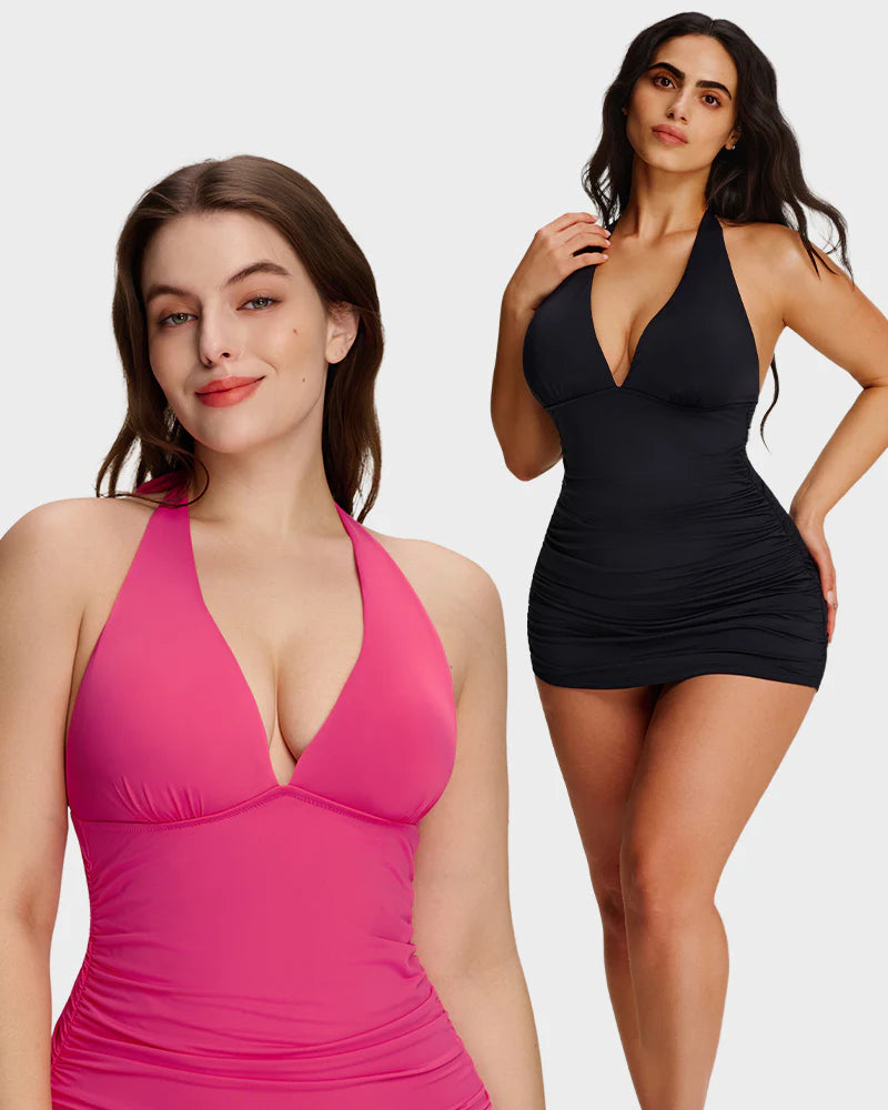 Ensemble 2 pièces robe de bain sculptante à col V noué au cou