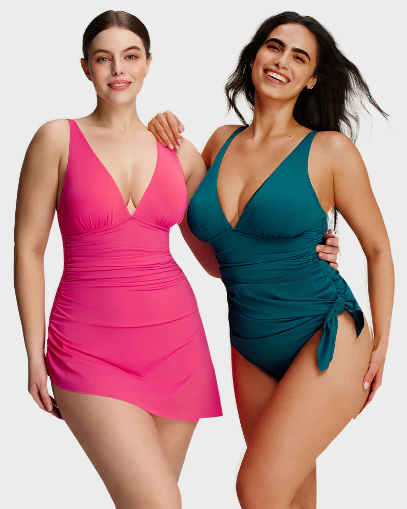Robe de bain froncée à encolure en V avec nœuds sur les côtés et effet amincissant