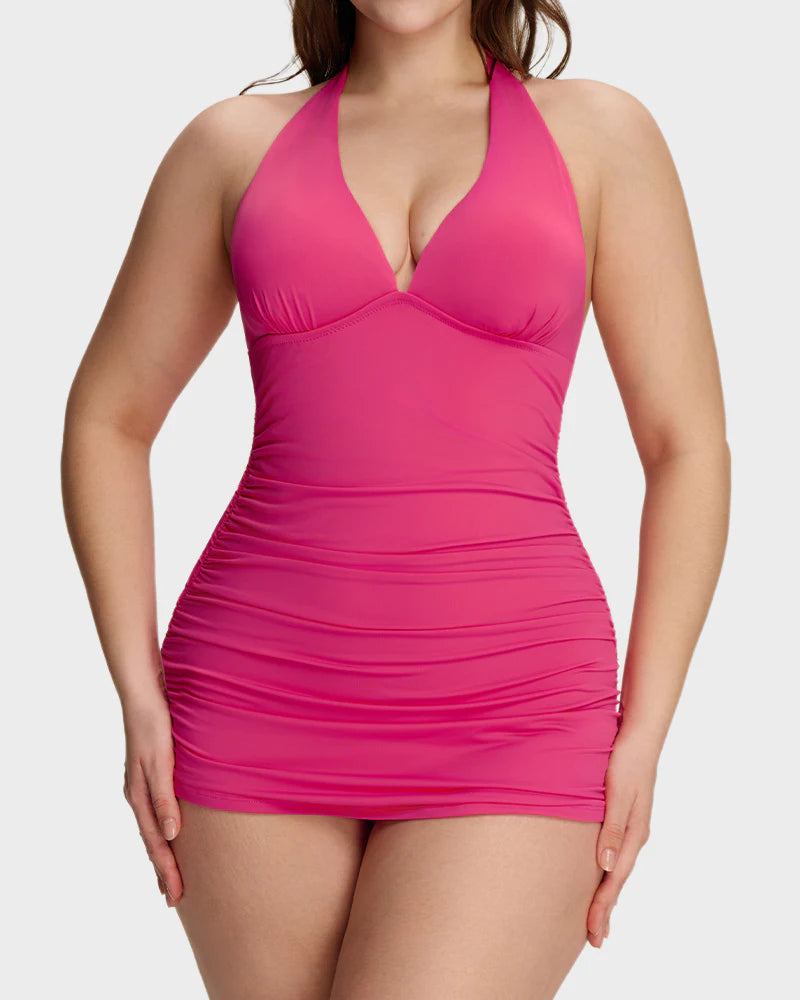 Ensemble 2 pièces robe de bain sculptante à col V noué au cou