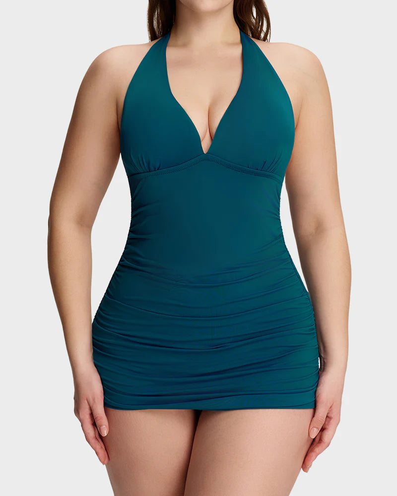 Ensemble 2 pièces robe de bain sculptante à col V noué au cou
