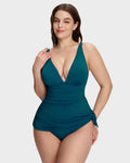 Robe de bain froncée à encolure en V avec nœuds sur les côtés et effet amincissant