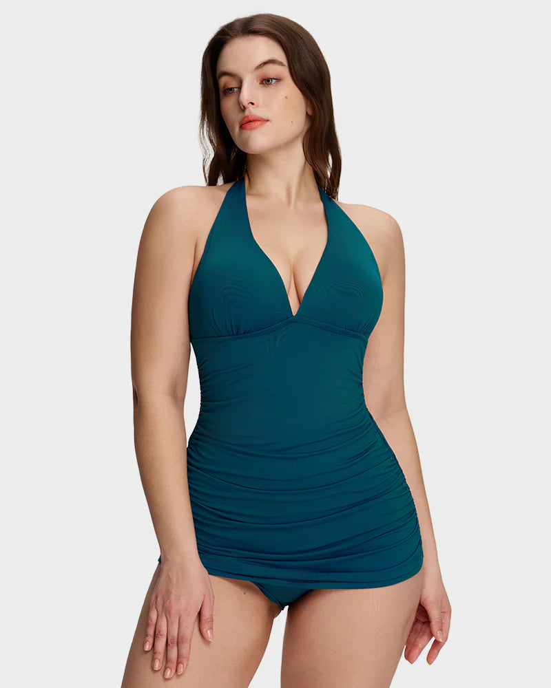 Ensemble 2 pièces robe de bain sculptante à col V noué au cou