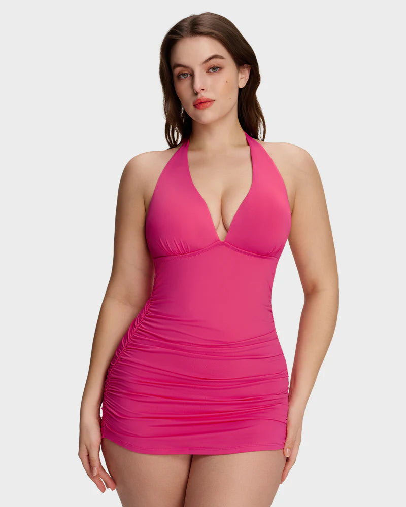 Ensemble 2 pièces robe de bain sculptante à col V noué au cou