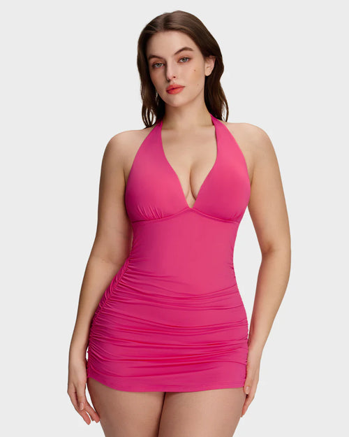 Ensemble 2 pièces robe de bain sculptante à col V noué au cou