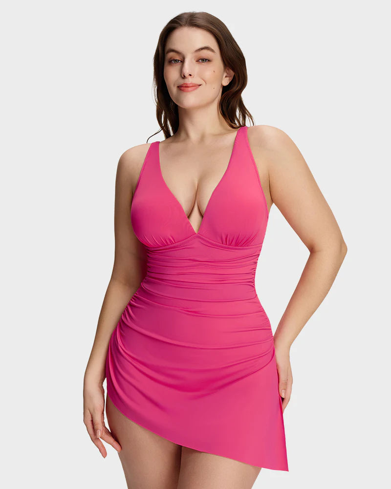 Robe de bain froncée à encolure en V avec nœuds sur les côtés et effet amincissant