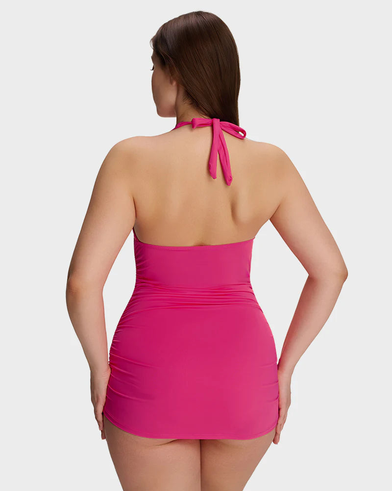 Ensemble 2 pièces robe de bain sculptante à col V noué au cou