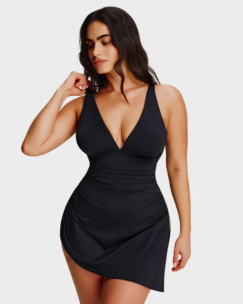 Robe de bain froncée à encolure en V avec nœuds sur les côtés et effet amincissant