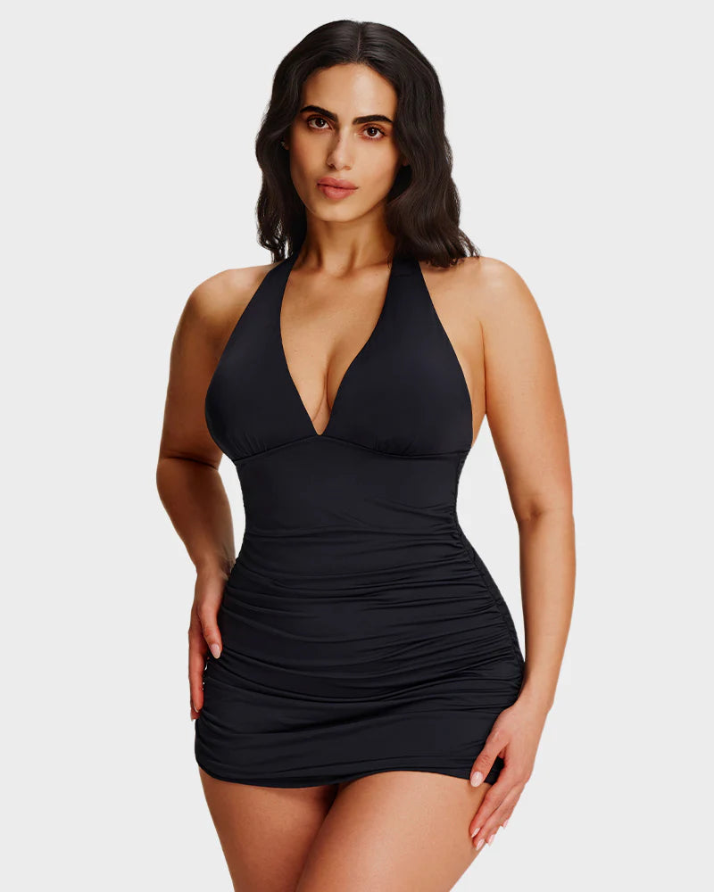 Ensemble 2 pièces robe de bain sculptante à col V noué au cou