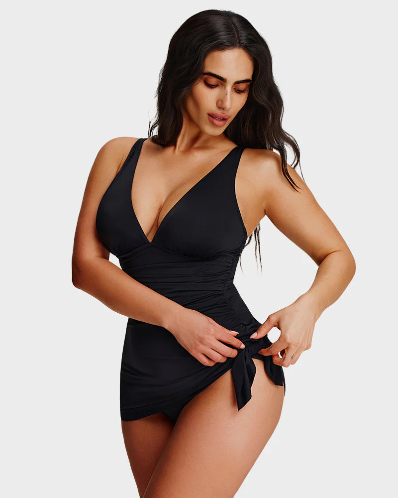 Robe de bain froncée à encolure en V avec nœuds sur les côtés et effet amincissant
