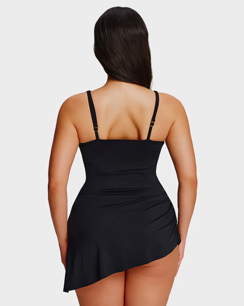 Robe de bain froncée à encolure en V avec nœuds sur les côtés et effet amincissant