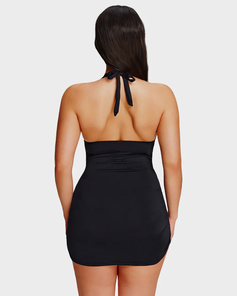 Ensemble 2 pièces robe de bain sculptante à col V noué au cou